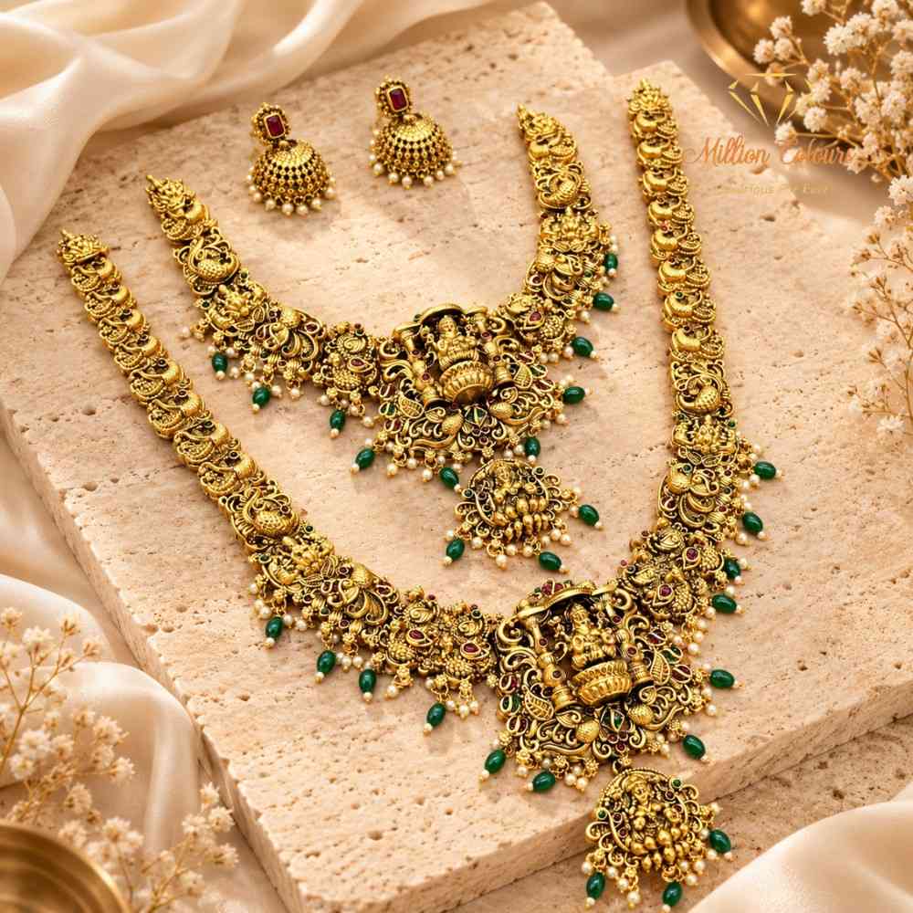 Antique Lakshmi Peacock Temple Jewellery Combo Set with Green Beads By Million Colours