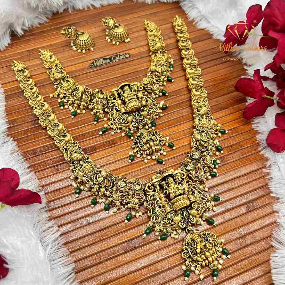 Antique Lakshmi Peacock Temple Jewellery Combo Set with Green Beads By Million Colours