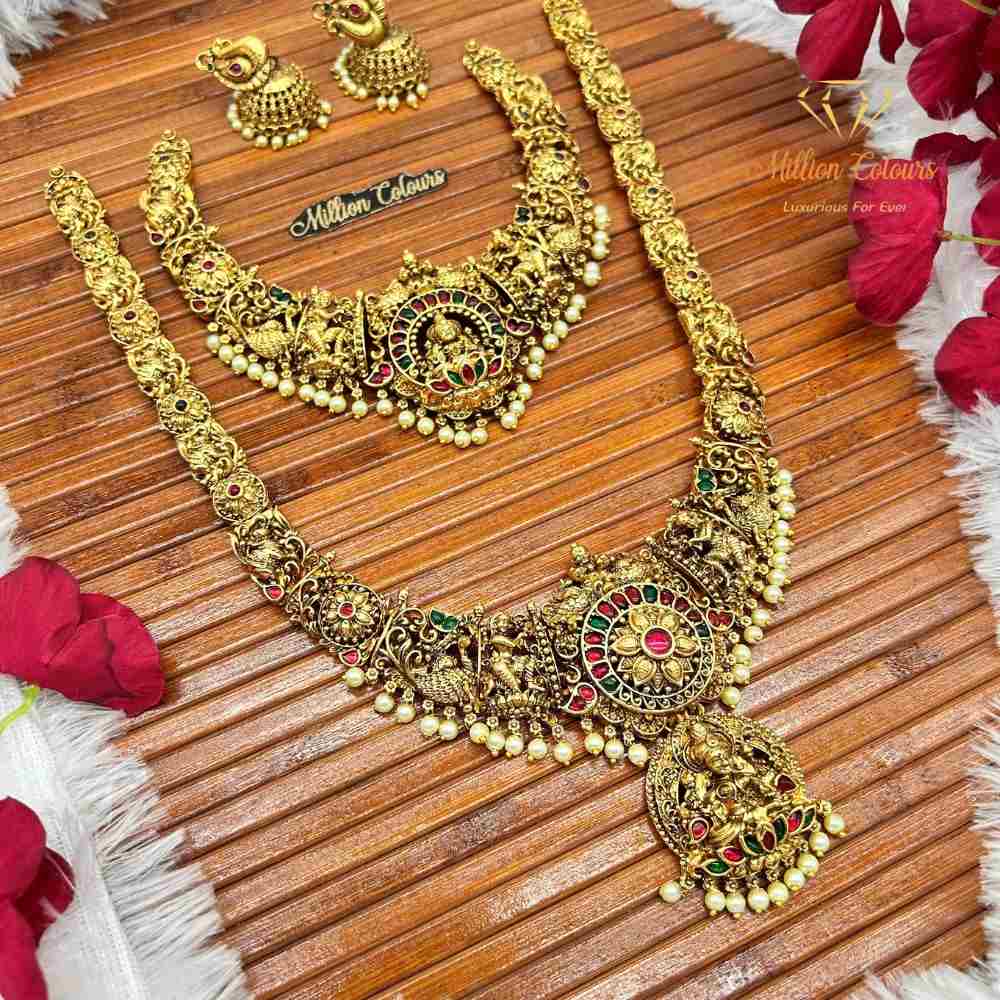 Antique Lakshmi Peacock Temple Jewellery Combo with Pearl Drops By Million Colours