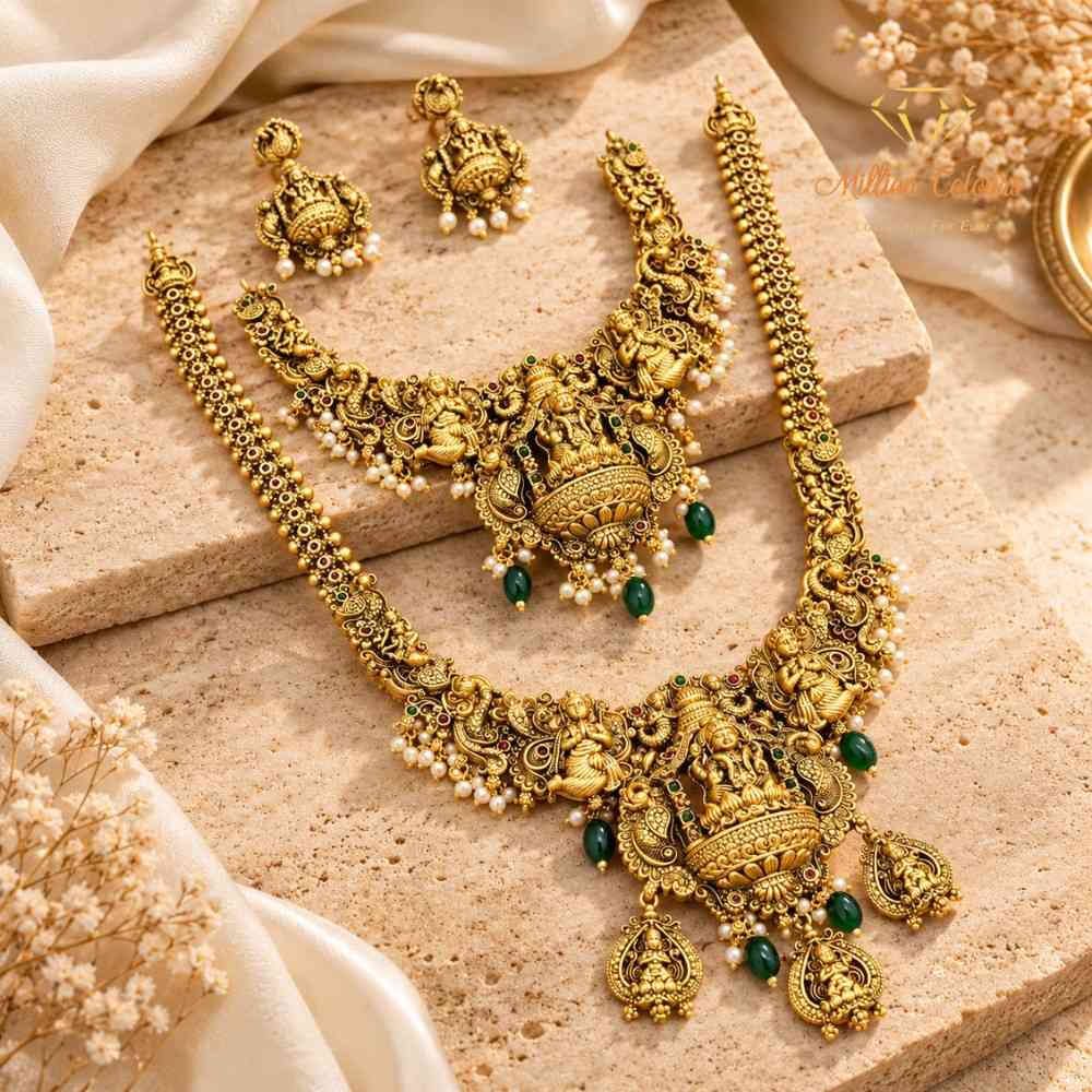 Antique Lakshmi Temple Jewellery Combo Set with Green Beads By Million Colours