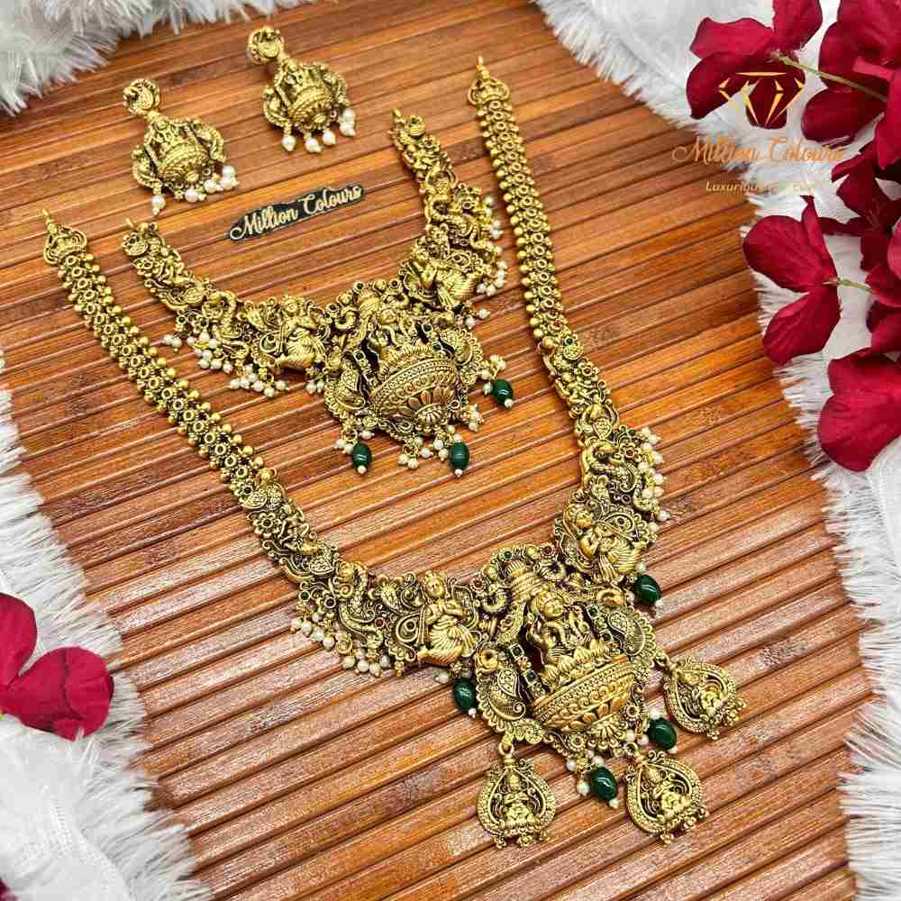Antique Lakshmi Temple Jewellery Combo Set with Green Beads By Million Colours