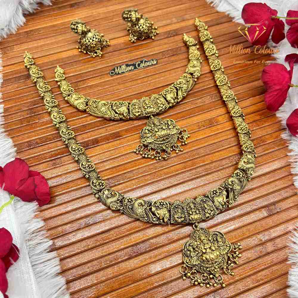 Antique Lakshmi Temple Jewellery Combo Set with Jhumka Earrings By Million Colours