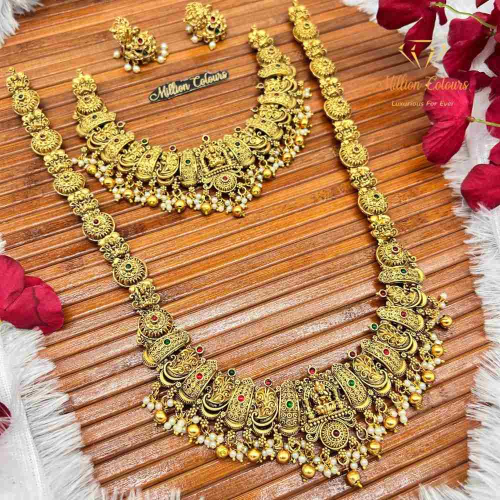 Antique Lakshmi Temple Jewellery Combo Set with Pearl Drops By Million Colours