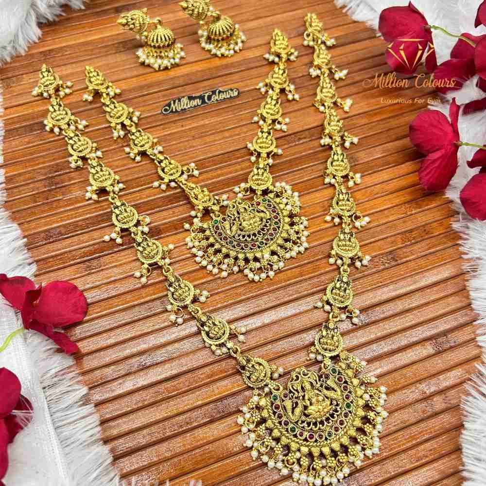 Antique Peacock Lakshmi Necklace Combo with Pearl Drops By Million Colours