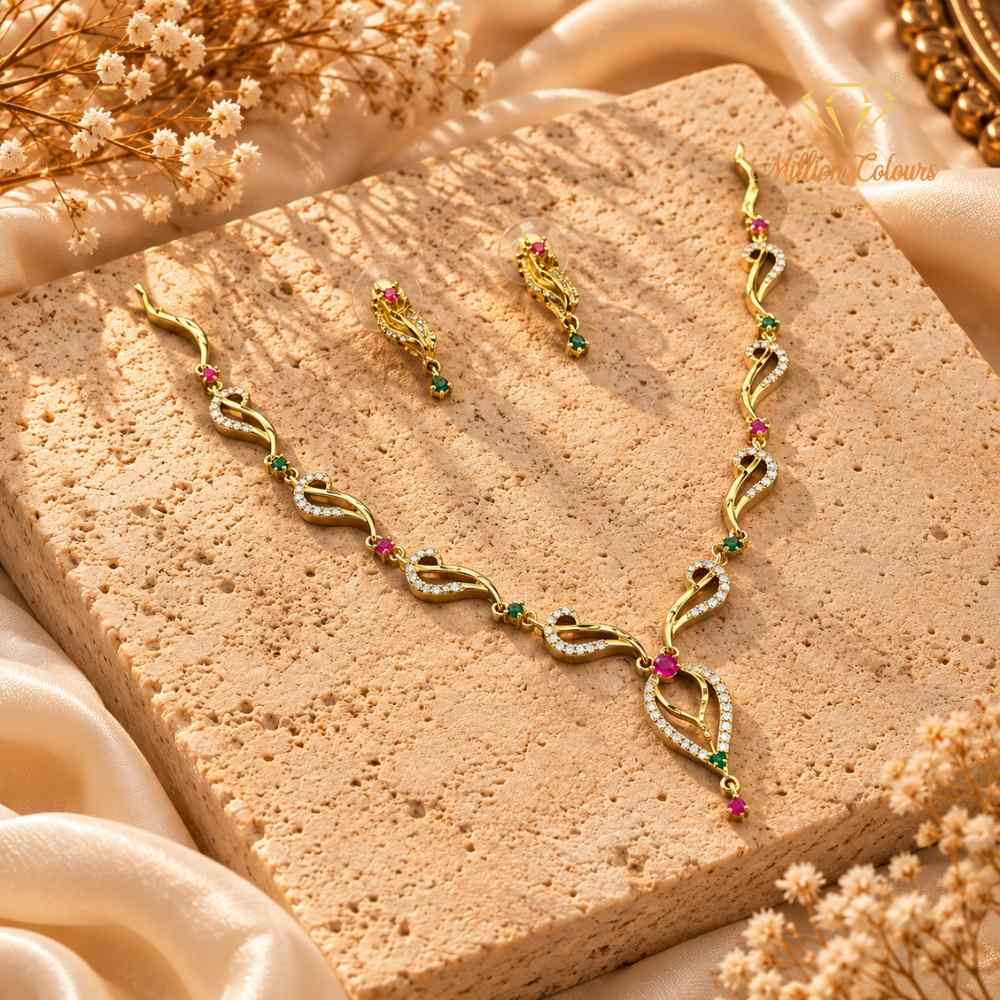 Elegant 1 Gram Gold-Style Pink & Green Stone Necklace Set By Million Colours