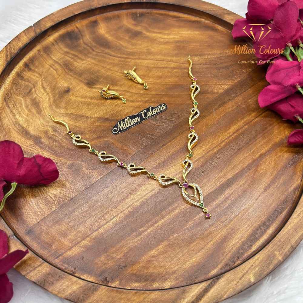 Elegant 1 Gram Gold-Style Pink & Green Stone Necklace Set By Million Colours