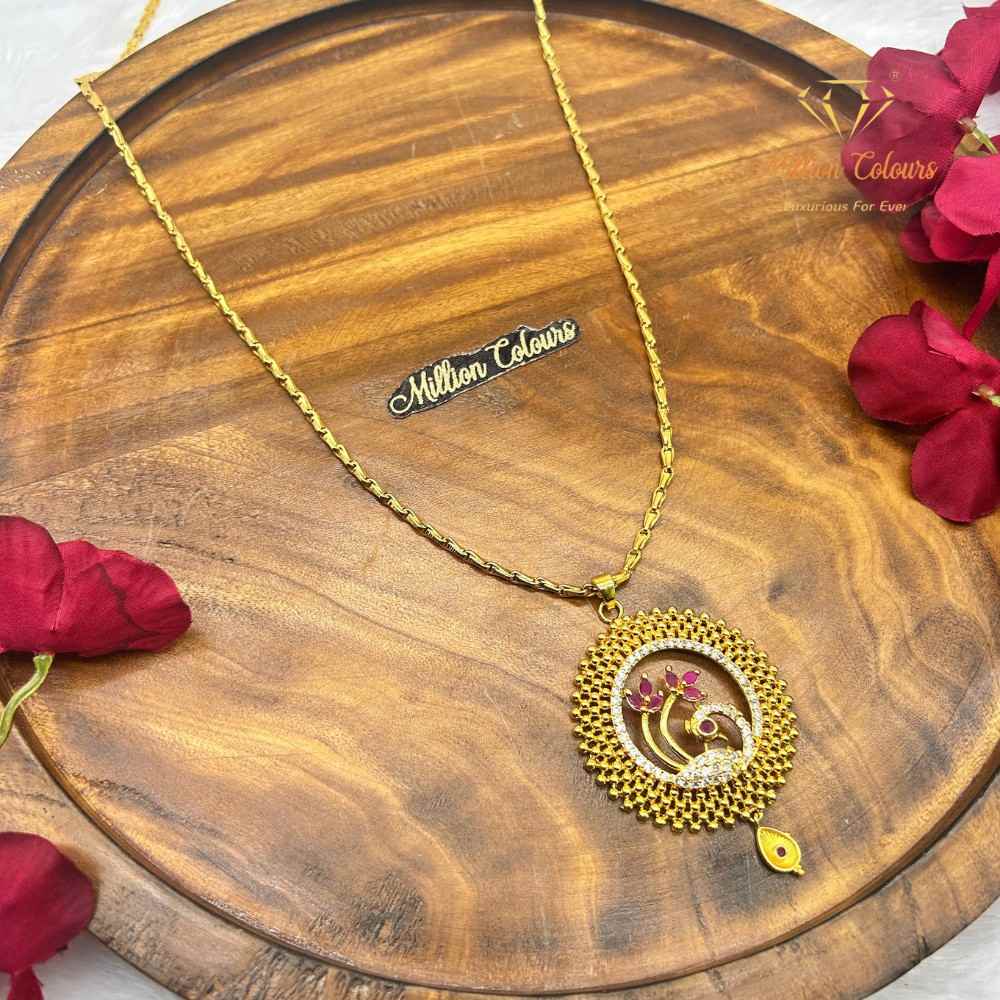 Elegant Floral Peacock Gold Dollar Chain with Pink Stone Pendant By Million Colours
