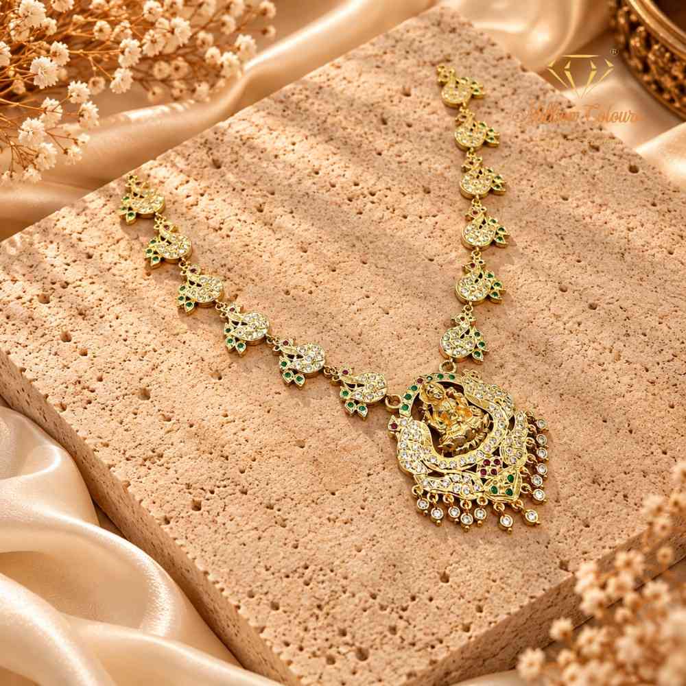 Elegant Impon Necklace with Divine Pendant & Green Stone Detailing By Million Colours