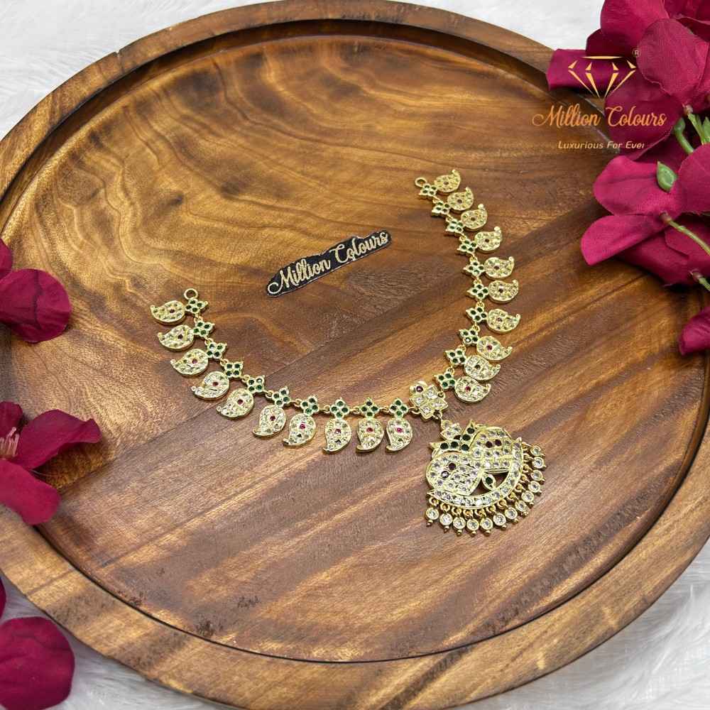 Elegant Impon Necklace with Green & Ruby Stone-Studded Traditional Pendant By Million Colours