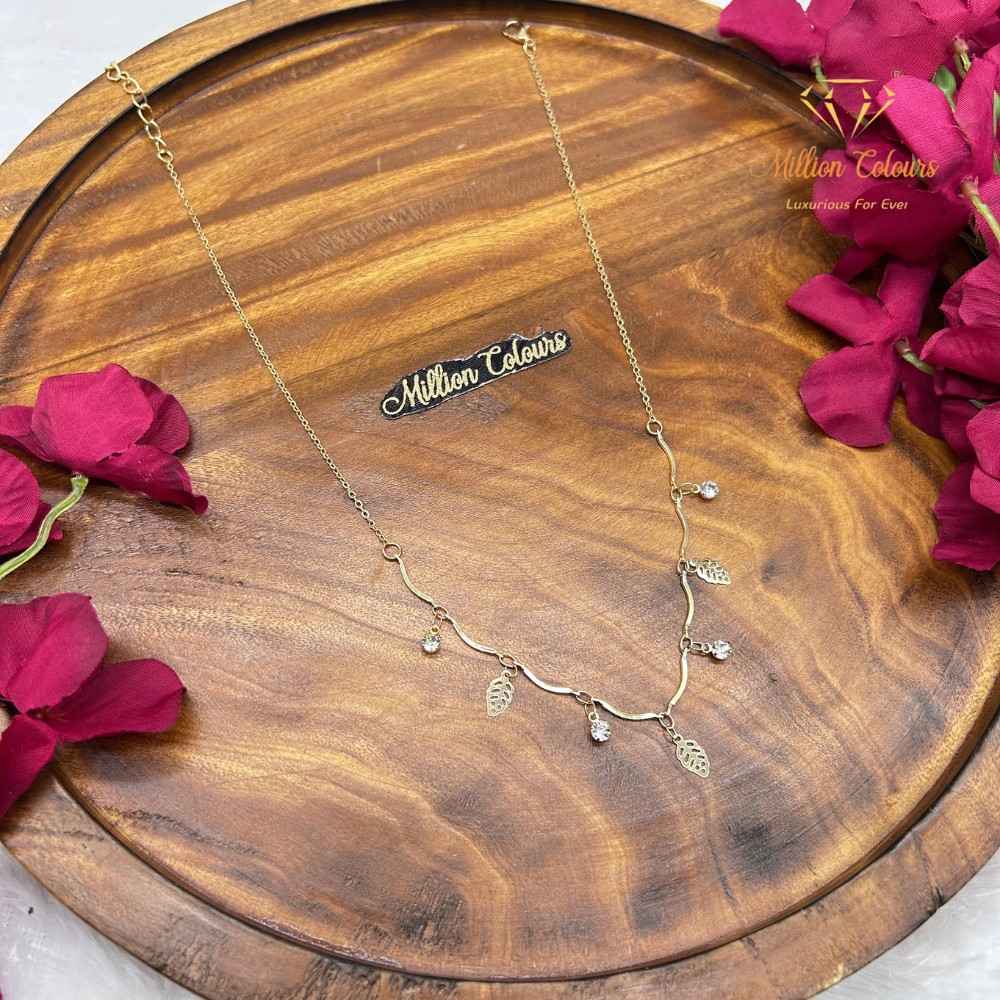 Elegant Korean Chain Leaf & Crystal Charm Necklace By Million Colours