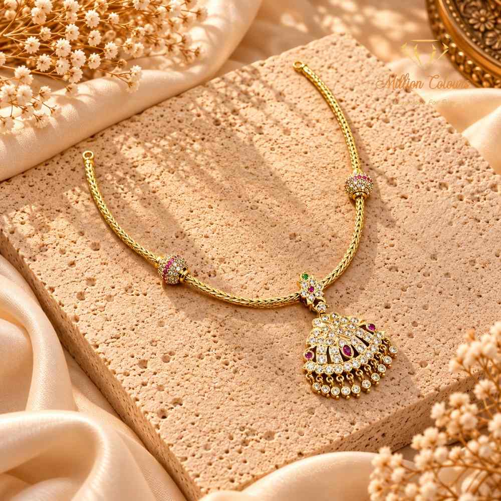 Elegant Ruby & Green Stone Impon Necklace – Traditional Temple-Inspired Pendant By Million Colours
