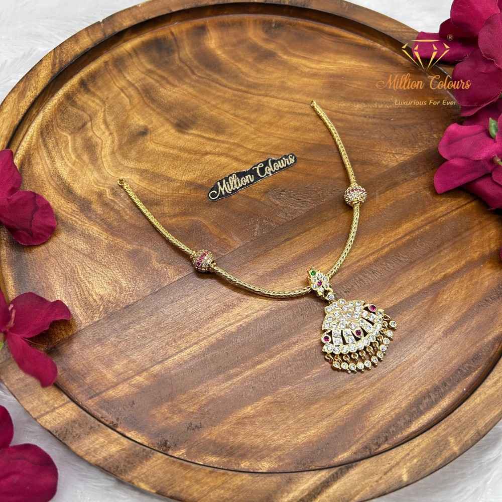 Elegant Ruby & Green Stone Impon Necklace – Traditional Temple-Inspired Pendant By Million Colours