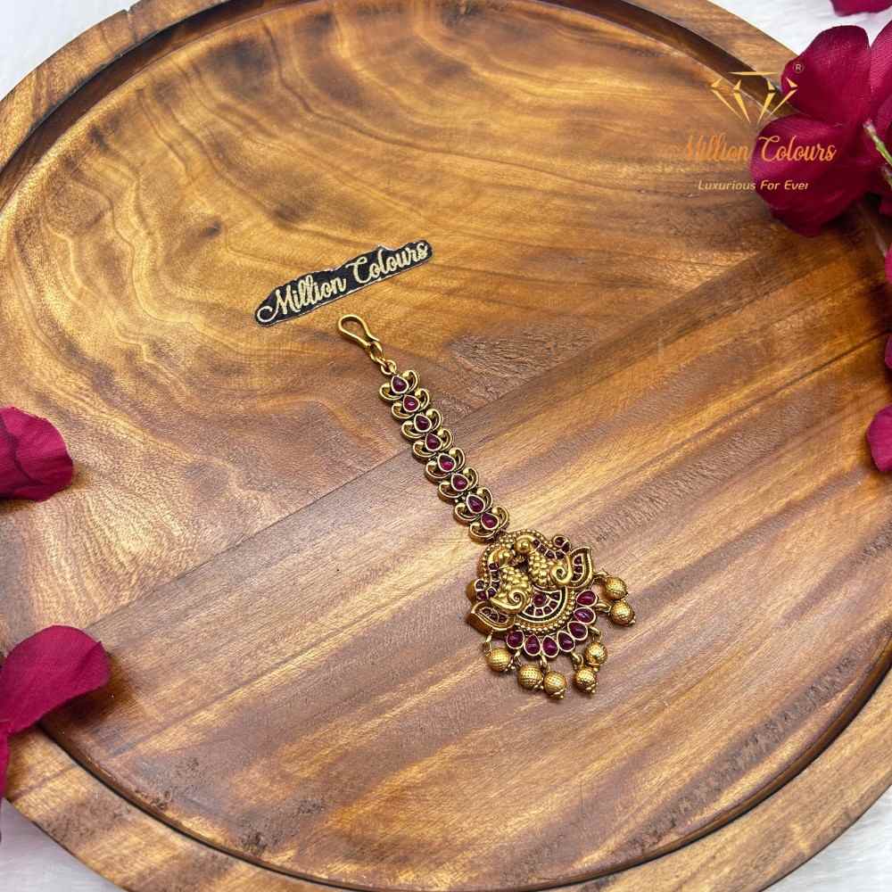 Elegant Ruby Stone Neththichutti – Traditional Gold Finish Maang Tikka By Million Colours
