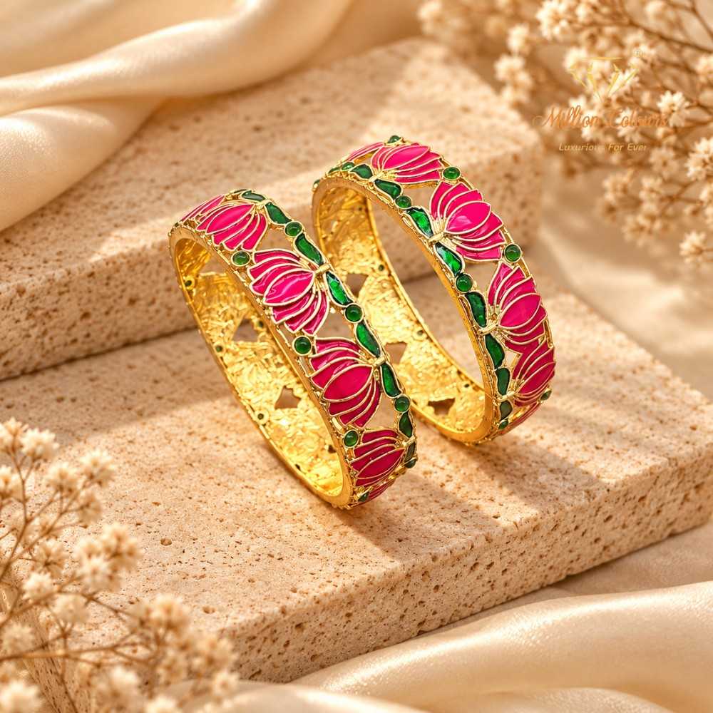 Gold-Plated Pink Lotus Design Bangles with Green Stones
