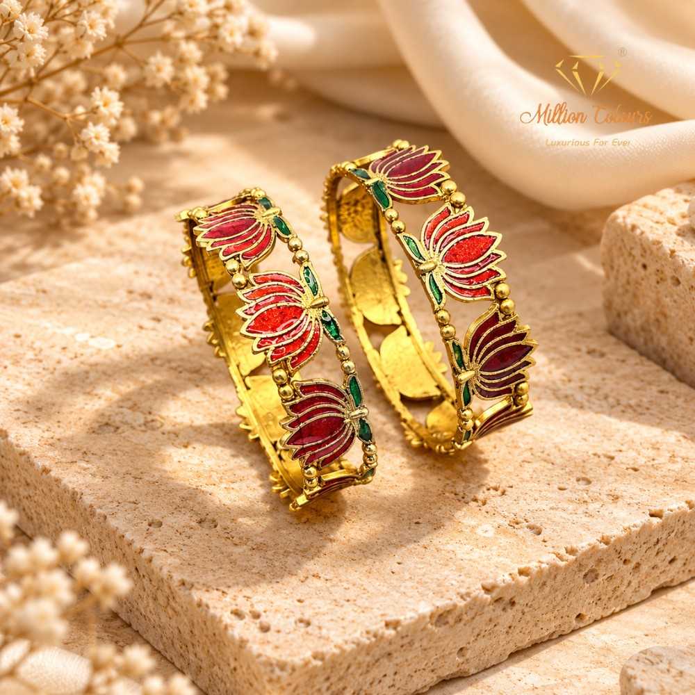 Gold-Plated Pink Lotus Design Bangles with Green Stones