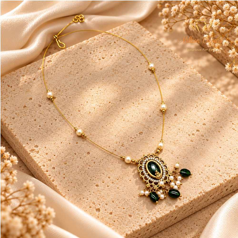 Invincible Green Stone Pearl Pendant Chain By Million Colours