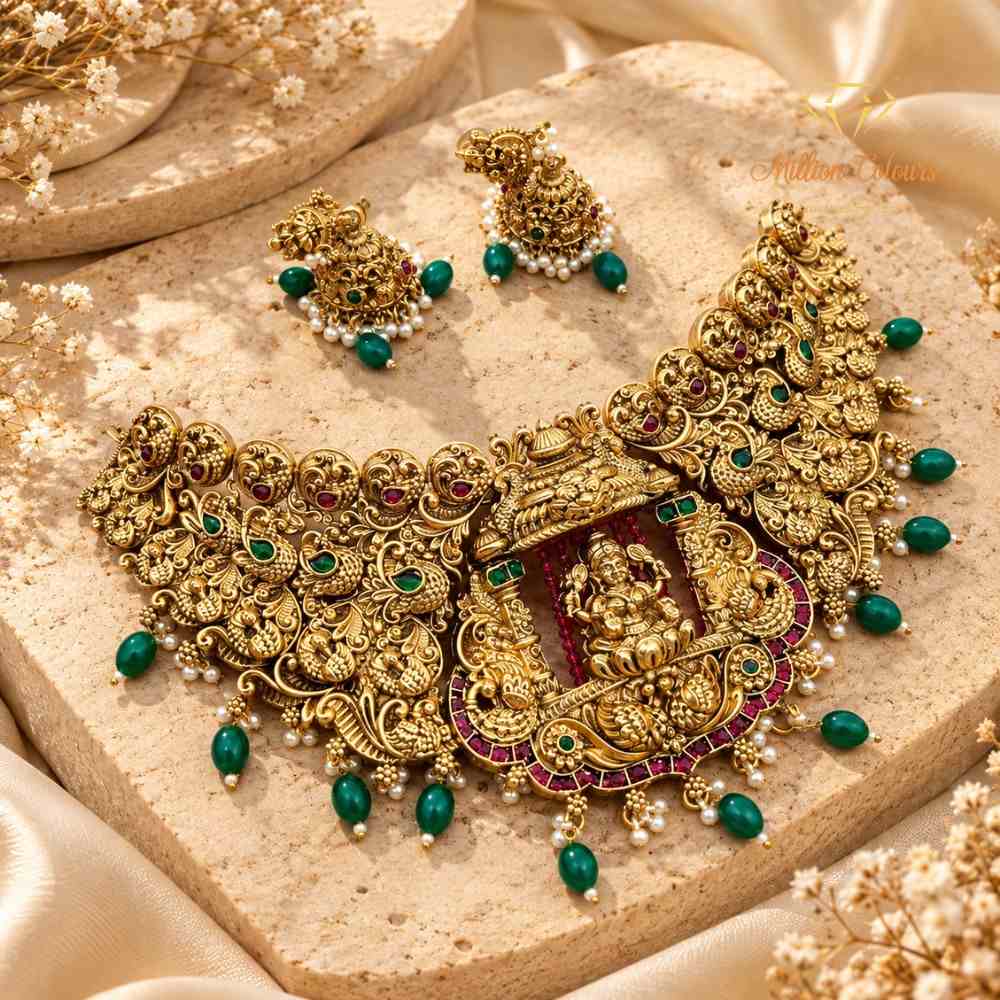 Royal Green & Ruby Temple Design Gold-Tone Choker Necklace Set