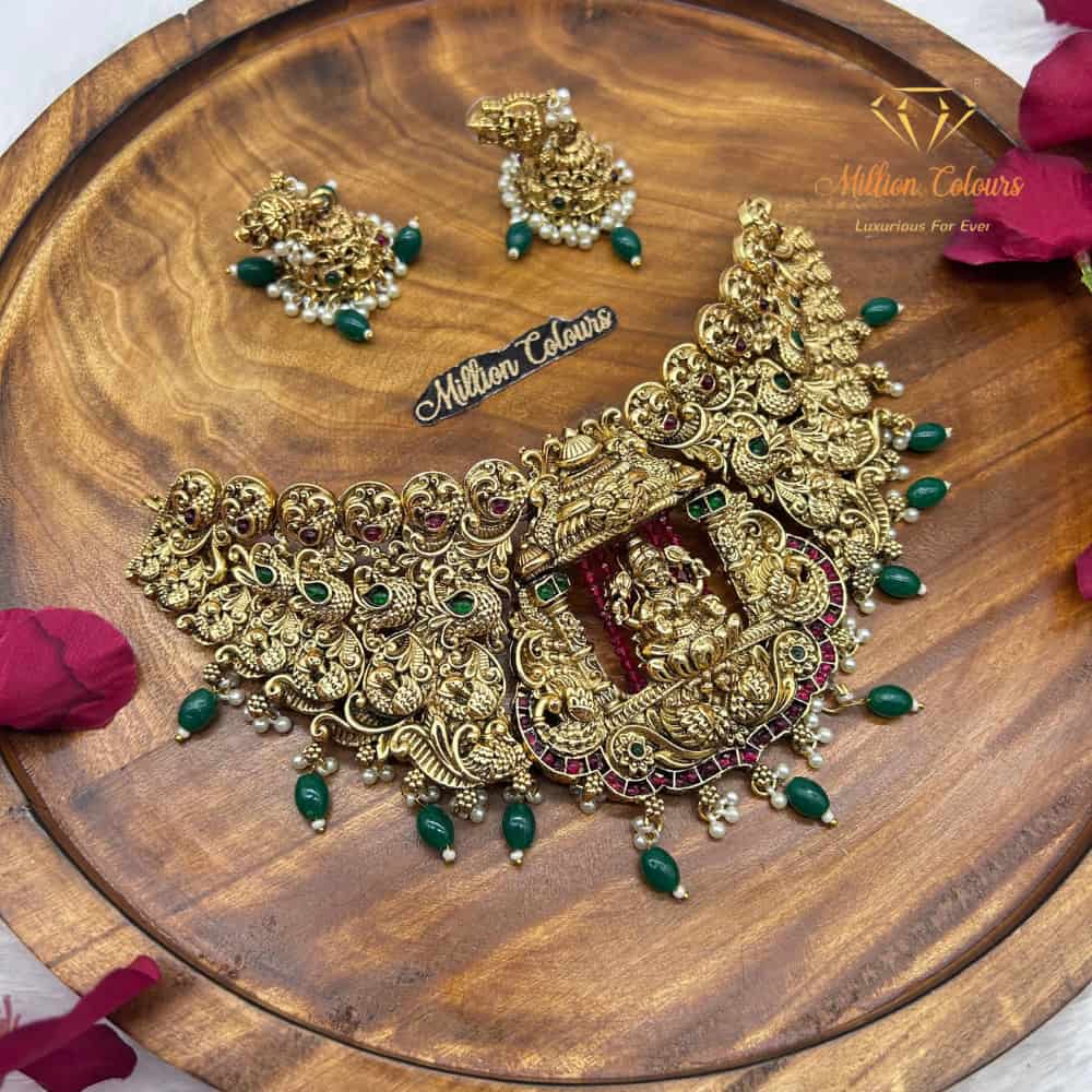 Royal Green & Ruby Temple Design Gold-Tone Choker Necklace Set
