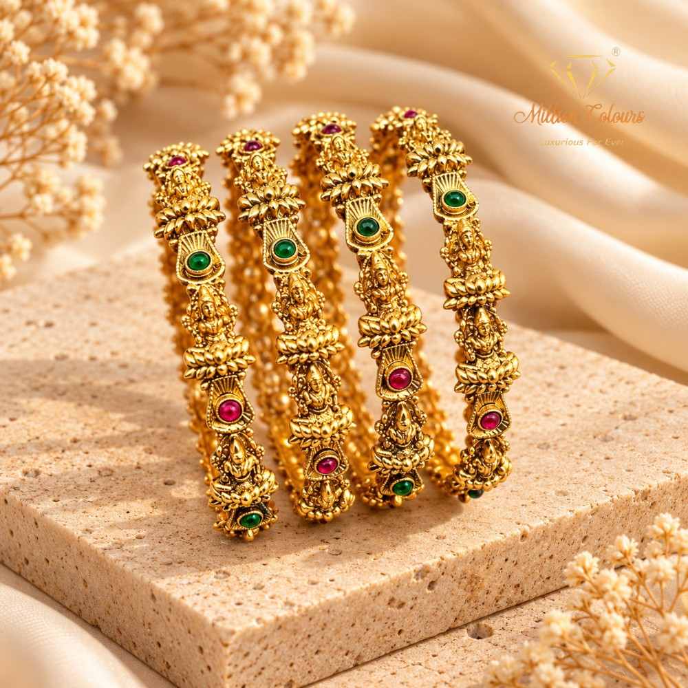 Traditional Gold-Plated Designer Bangles with Green & Ruby Stones