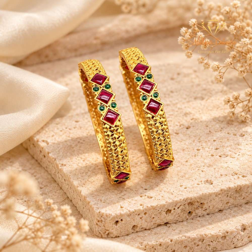 Traditional Gold-Plated Designer Bangles with Green & Ruby Stones