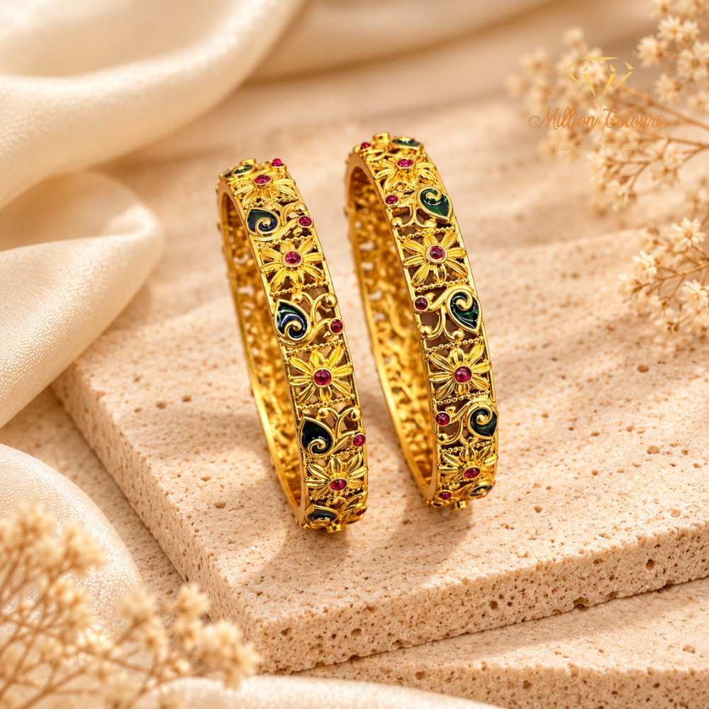 Traditional Gold-Plated Designer Bangles with Green & Ruby Stones