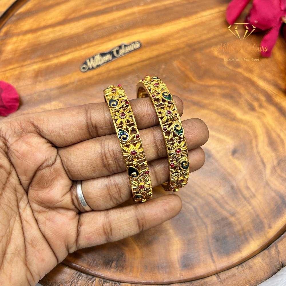 Traditional Gold-Plated Designer Bangles with Green & Ruby Stones