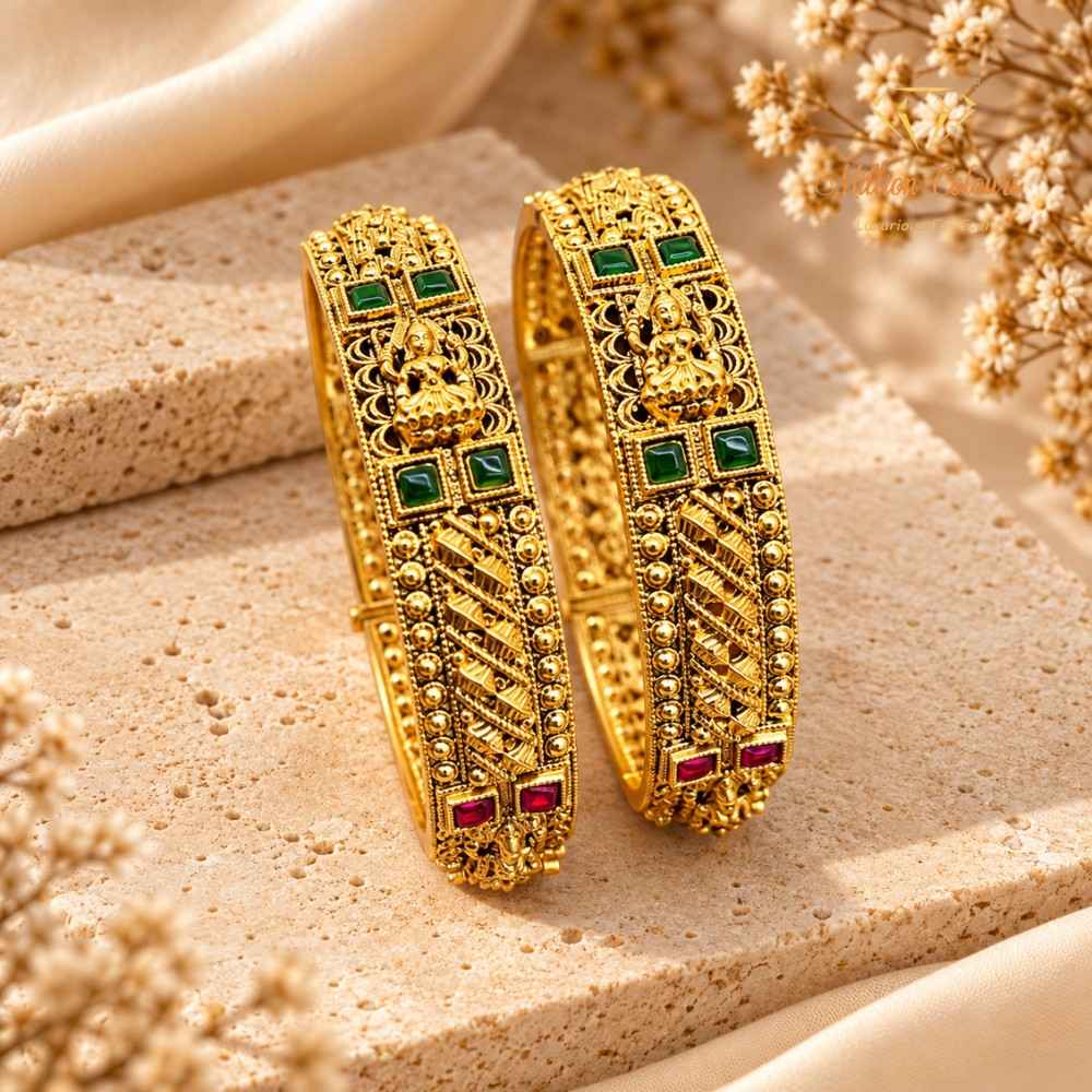 Traditional Gold-Plated Designer Bangles with Green & Ruby Stones By Million Colours