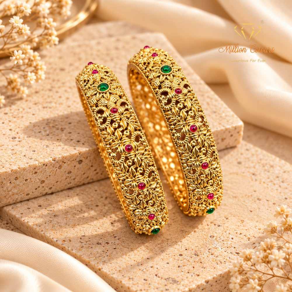 Traditional Gold-Plated Designer Bangles with Green & Ruby Stones By Million Colours