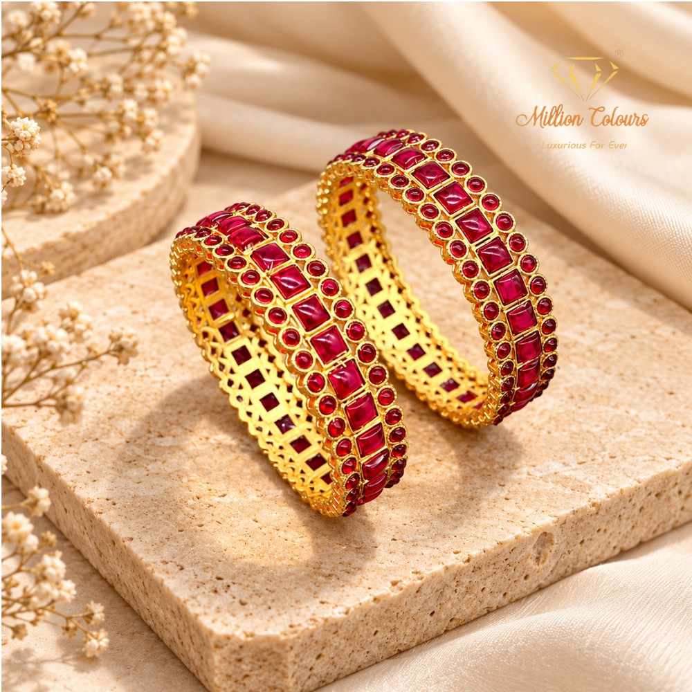 Traditional Gold-Plated Designer Bangles with Ruby Stones By Million Colours