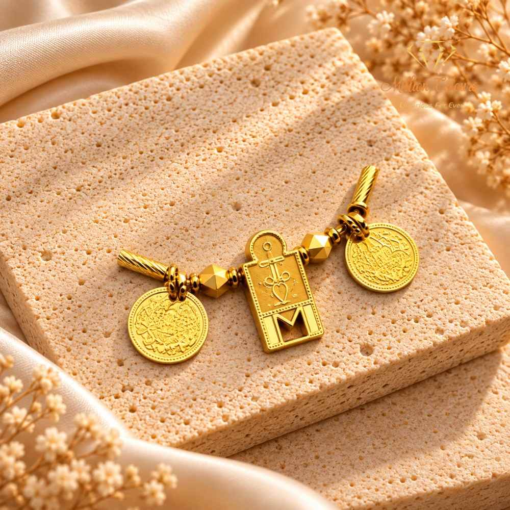 Traditional Gold-Tone Thali Set with Rectangular Pendant & Coin Charms By Million Colours