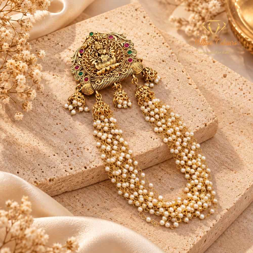 Traditional Lakshmi Back Jada Set with Pearl Layered Chains & Temple Motif By Million Colours