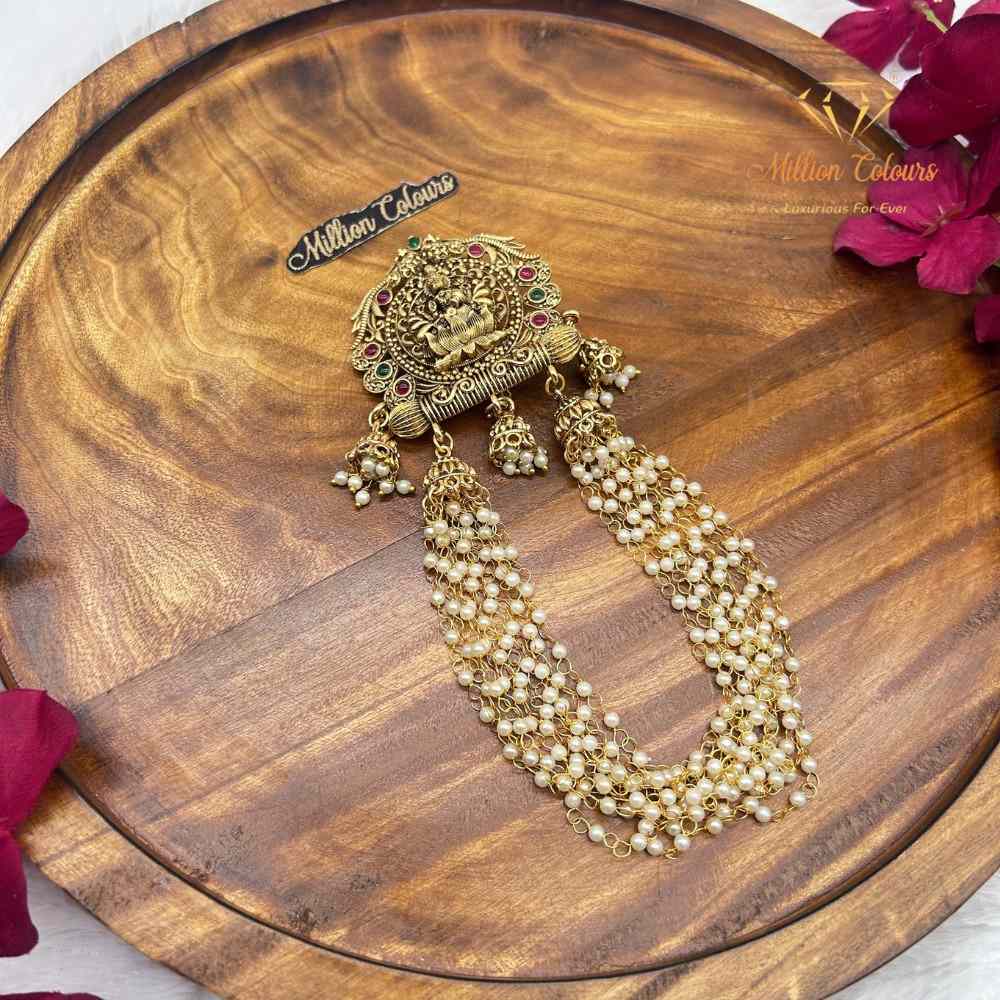 Traditional Lakshmi Back Jada Set with Pearl Layered Chains & Temple Motif By Million Colours