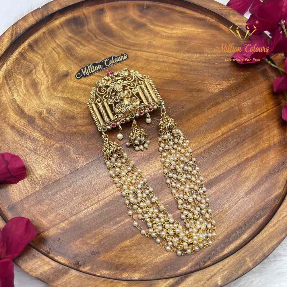 Traditional Lakshmi Back Jada Set with Pearl Layered Chains & Temple Motif By Million Colours