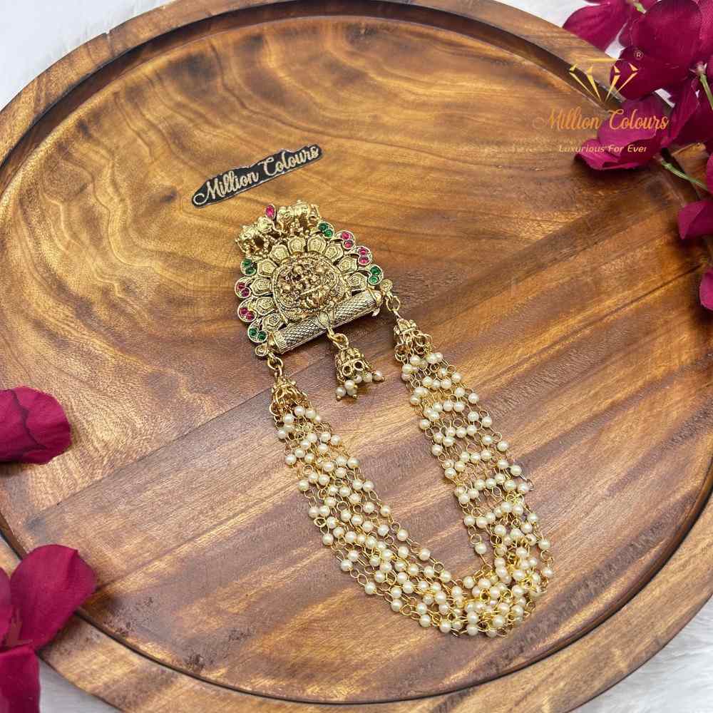 Traditional Lakshmi Back Jada Set with Pearl Layered Chains & Temple Motif By Million Colours
