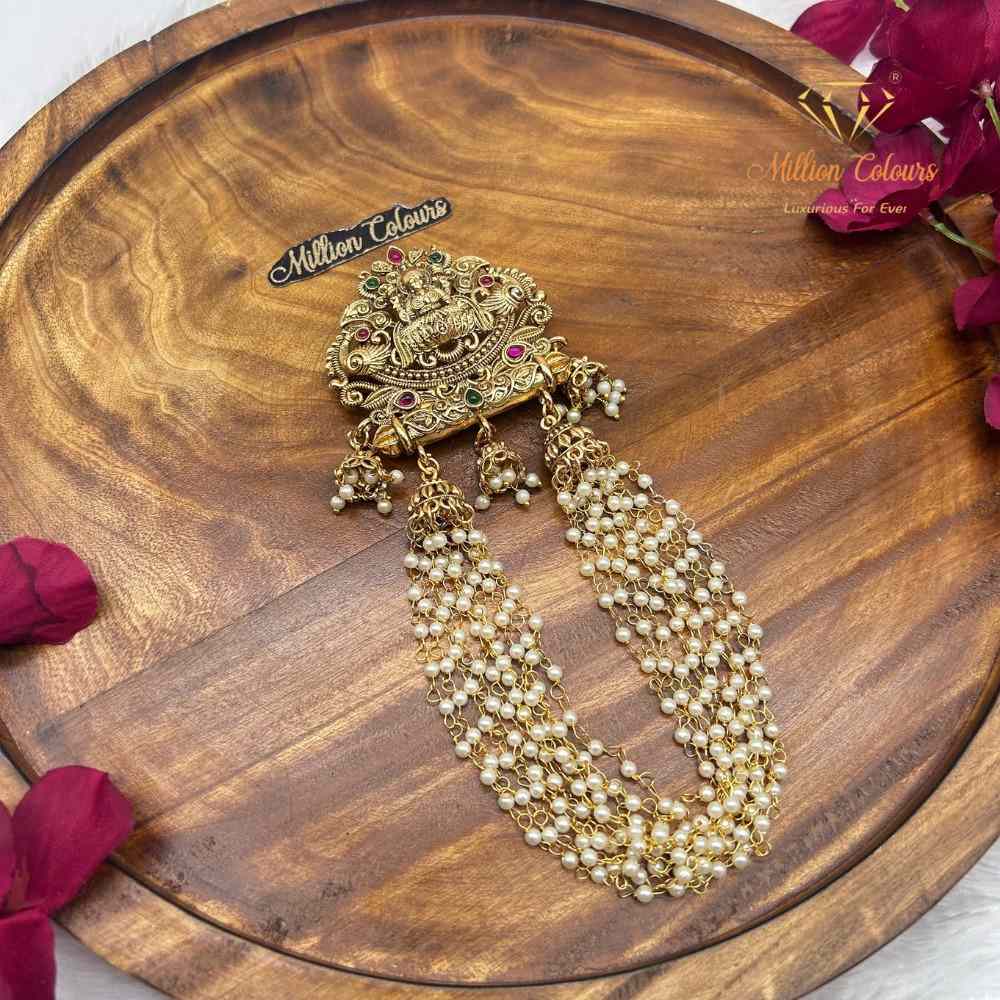 Traditional Lakshmi Back Jada Set with Pearl Layered Chains & Temple Motif By Million Colours