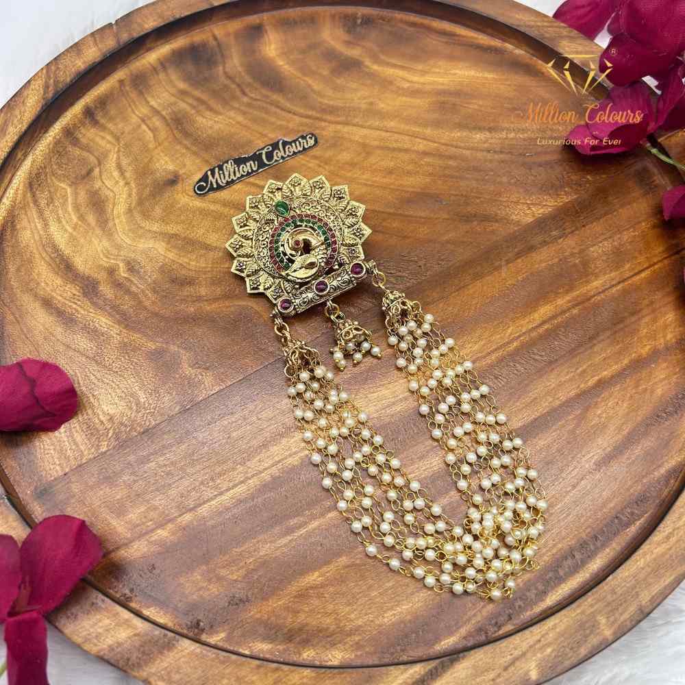 Traditional Lakshmi Back Jada Set with Pearl Layered Chains & Temple Motif By Million Colours