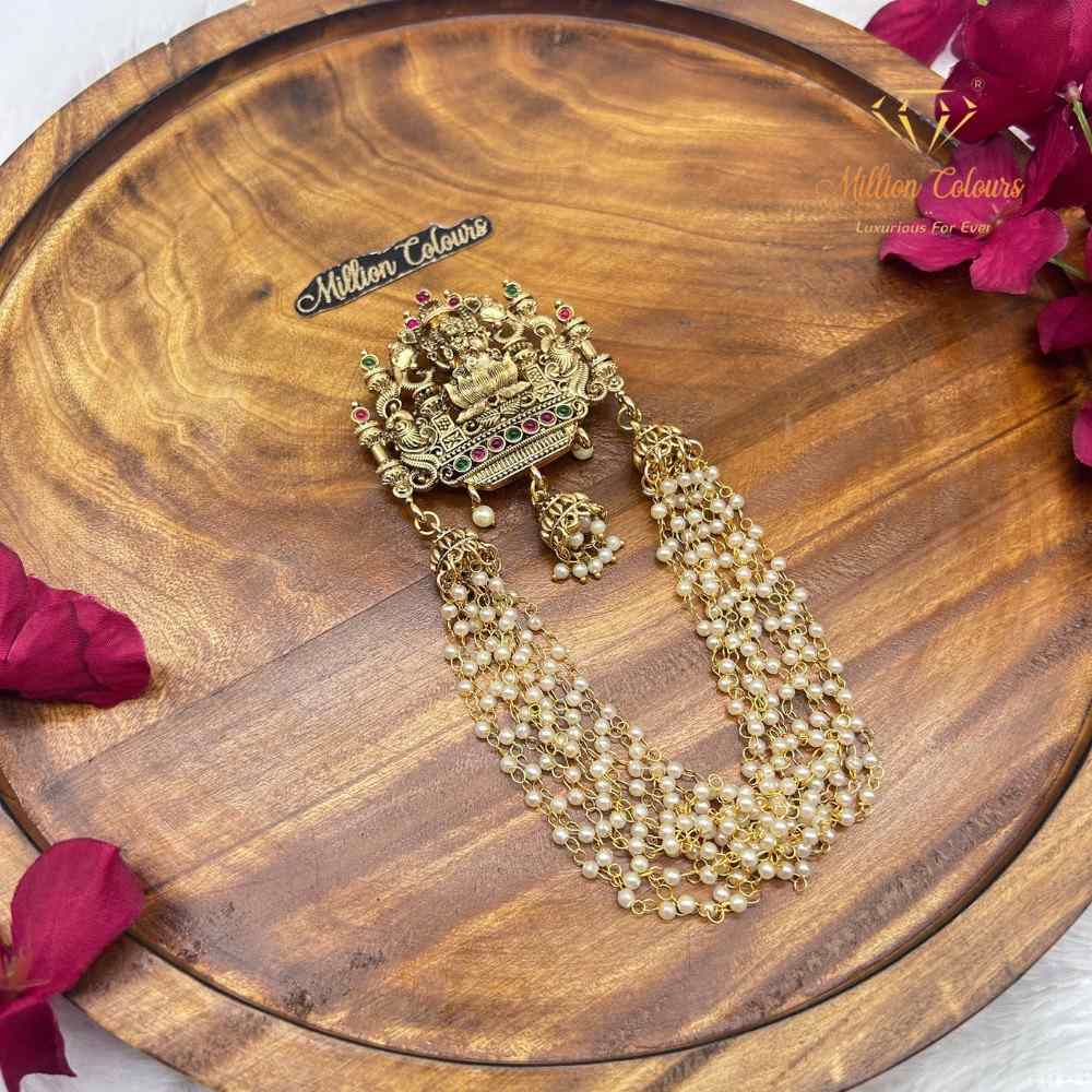 Traditional Lakshmi Back Jada Set with Pearl Layered Chains & Temple Motif By Million Colours
