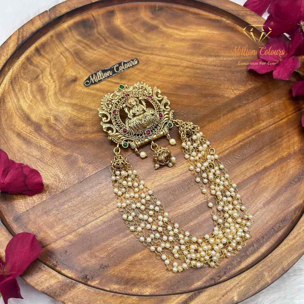 Traditional Lakshmi Back Jada Set with Pearl Layered Chains & Temple Motif By Million Colours