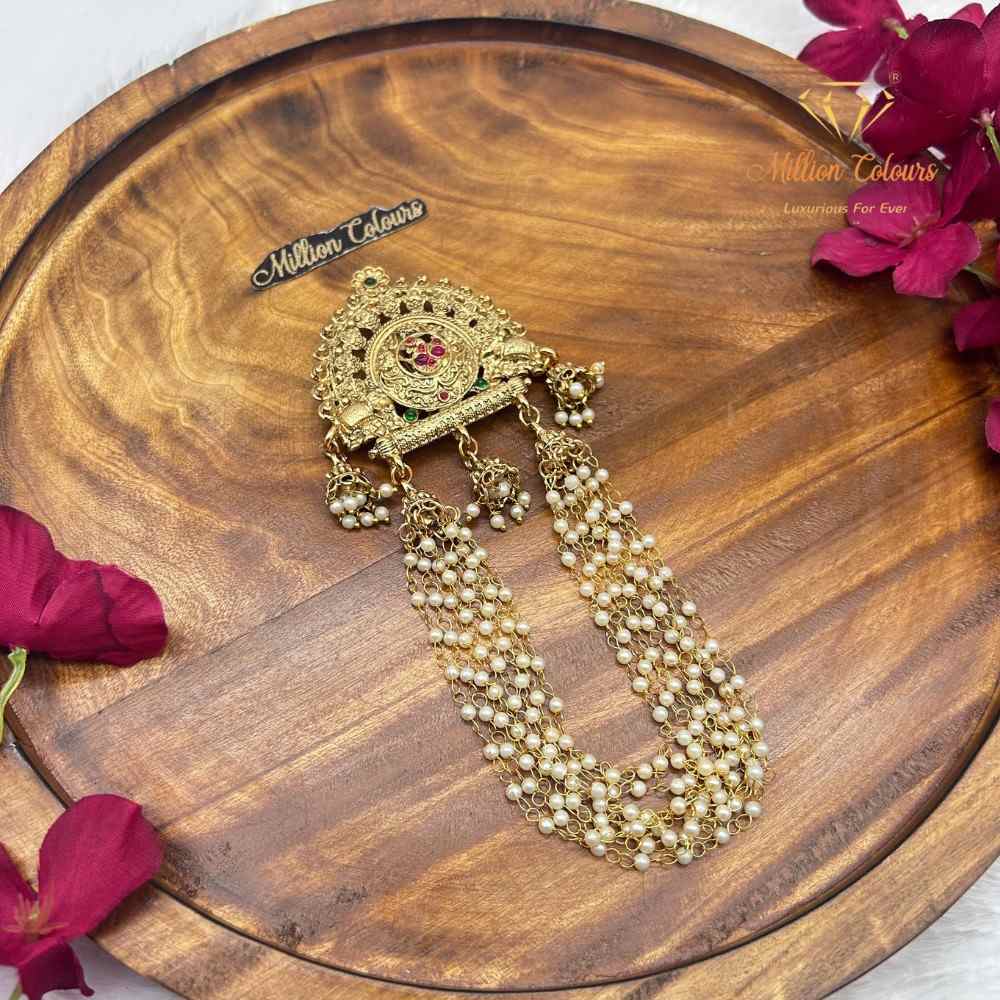 Traditional Lakshmi Back Jada Set with Pearl Layered Chains & Temple Motif By Million Colours