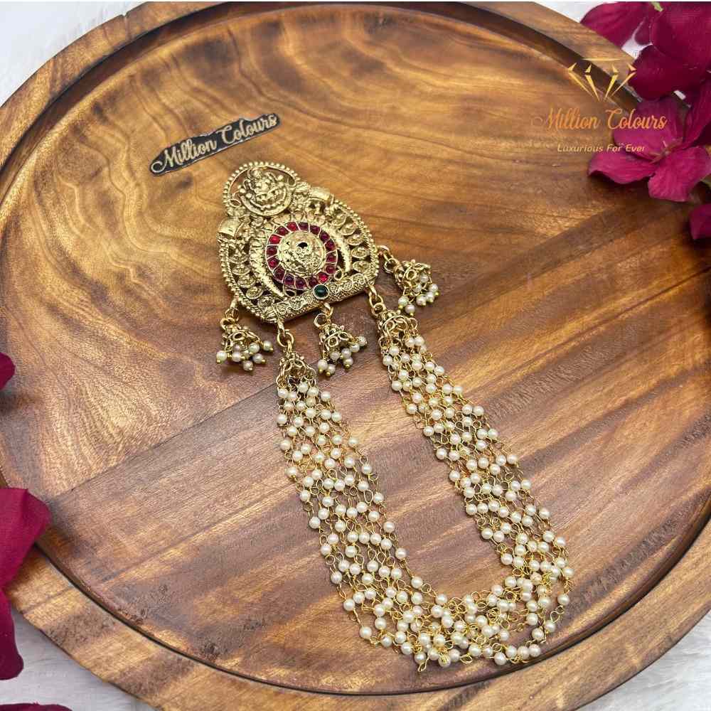Traditional Lakshmi Back Jada Set with Pearl Layered Chains & Temple Motif By Million Colours