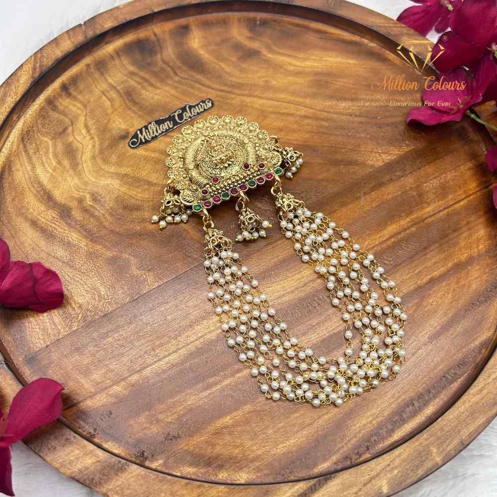 Traditional Lakshmi Back Jada Set with Pearl Layered Chains & Temple Motif By Million Colours