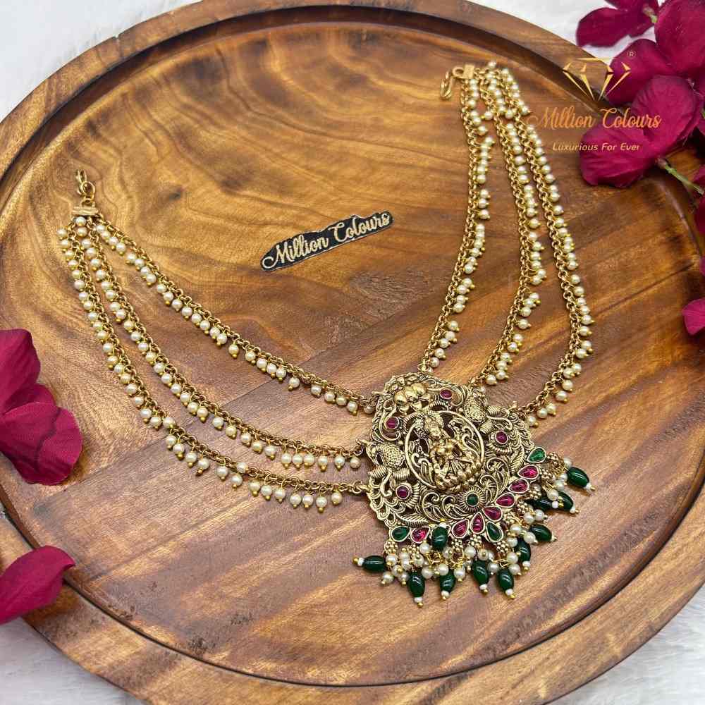 Traditional Lakshmi Peacock Back Jada Mattal with Pearl & Green Bead Detailing By Million Colours