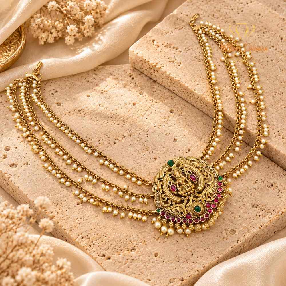 Traditional Lakshmi Temple Back Jada Mattal with Pearl & Ruby-Green Stone Work By Million Colours
