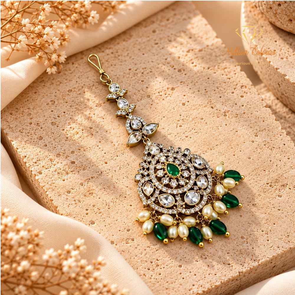Victoria Green Stone Neththichutti – Elegant Traditional Bridal Maang Tikka By Million Colours