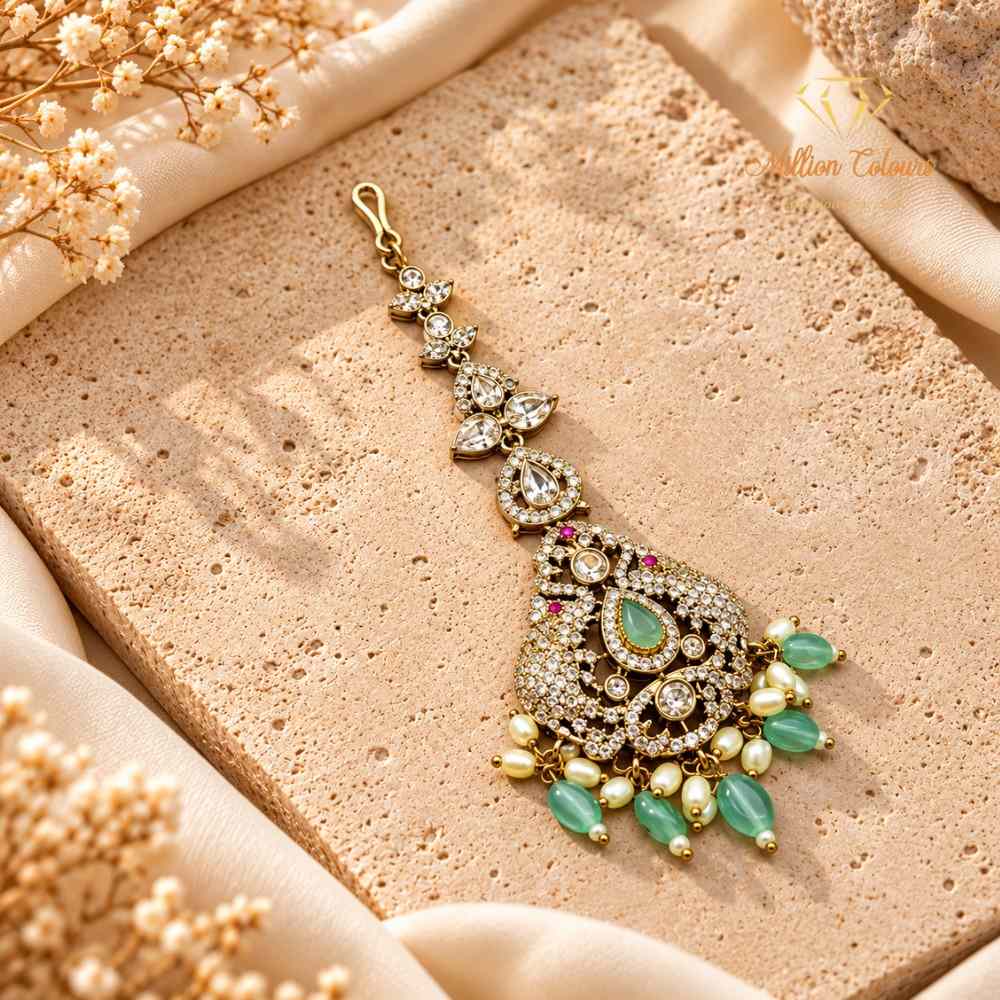 Victoria Mint Green Stone Neththichutti – Elegant Traditional Bridal Maang Tikka By Million Colours