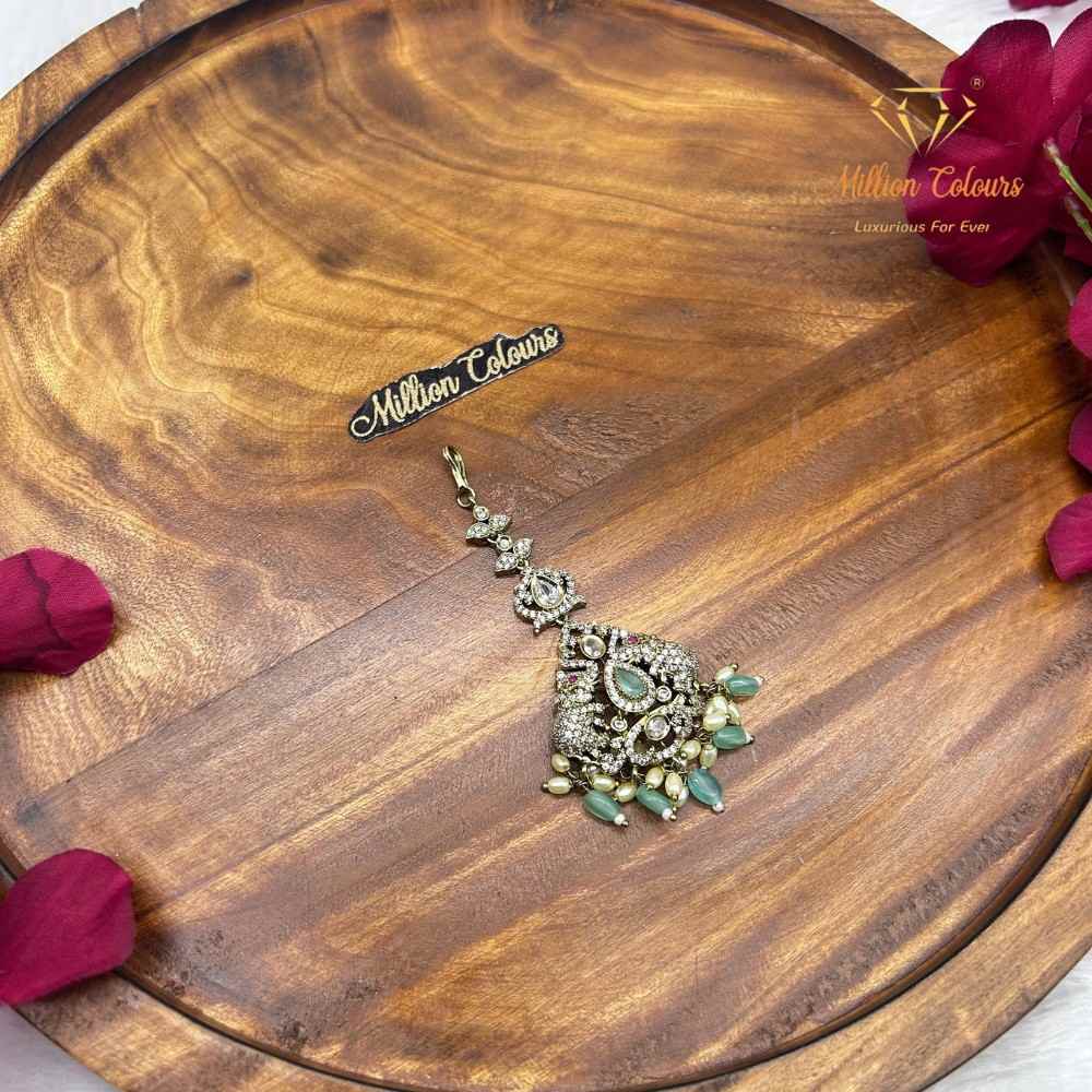 Victoria Mint Green Stone Neththichutti – Elegant Traditional Bridal Maang Tikka By Million Colours