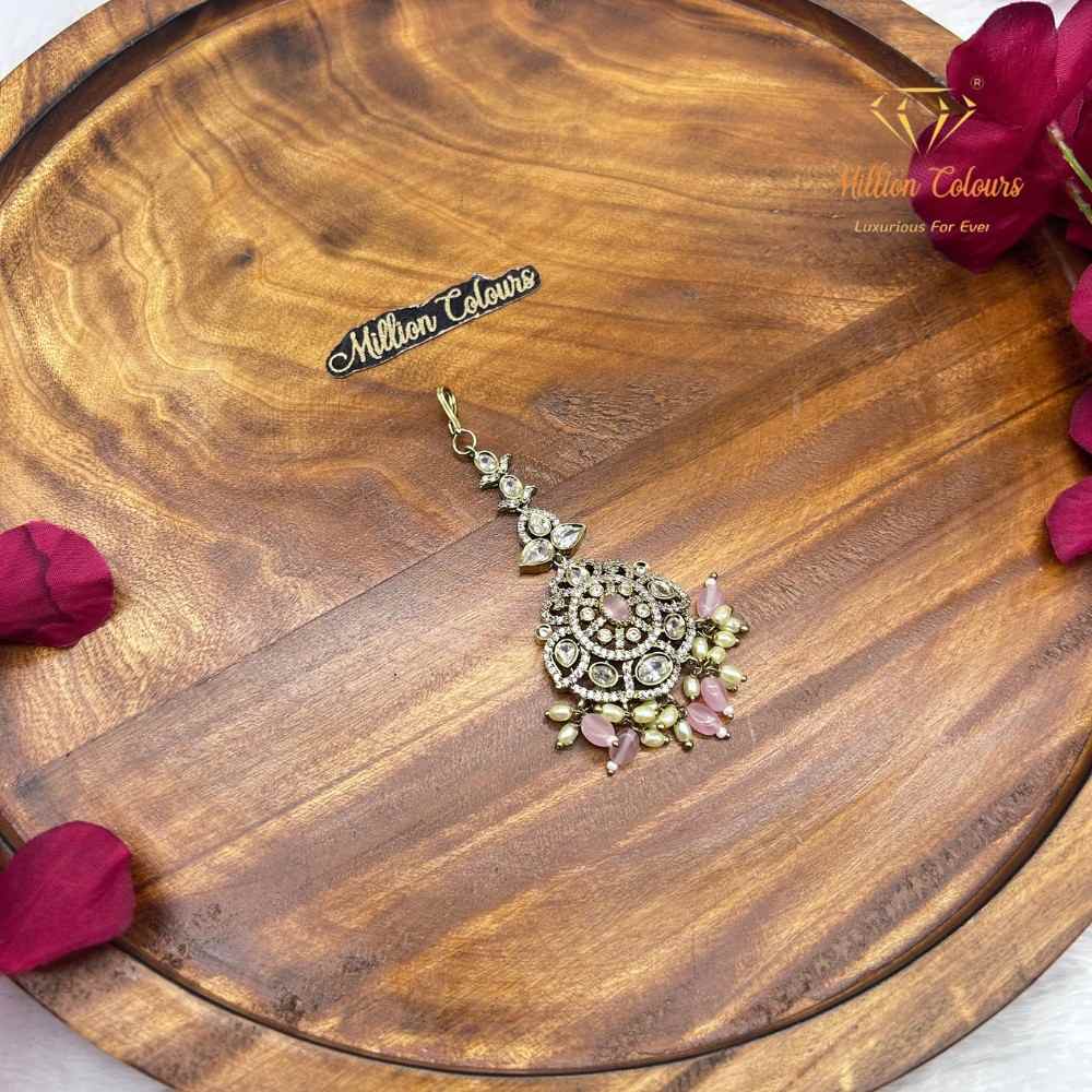 Victoria Pink Stone Neththichutti – Elegant Traditional Bridal Maang Tikka By Million Colours